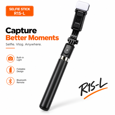 R1S-L 3-In-1 Bluetooth Selfie Stick & Tripod Stand – Extendable Monopod with Rechargeable Fill Light & 10M Wireless Remote for Smartphones & Vlogging